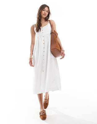 Brave Soul - Ärmelloses Midikleid in Creme mit durchgehender Knopfleiste und Riemchenträgern-Weiß