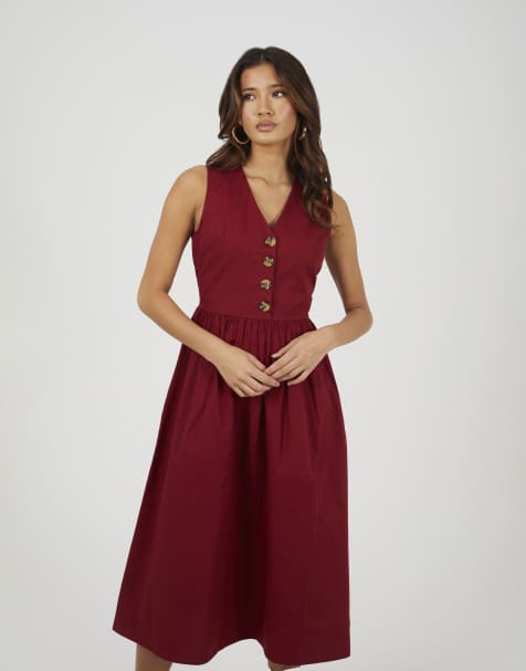 Brave Soul – Ärmelloses Midikleid in Rot mit V-Ausschnitt und Knopfleiste - view 1
