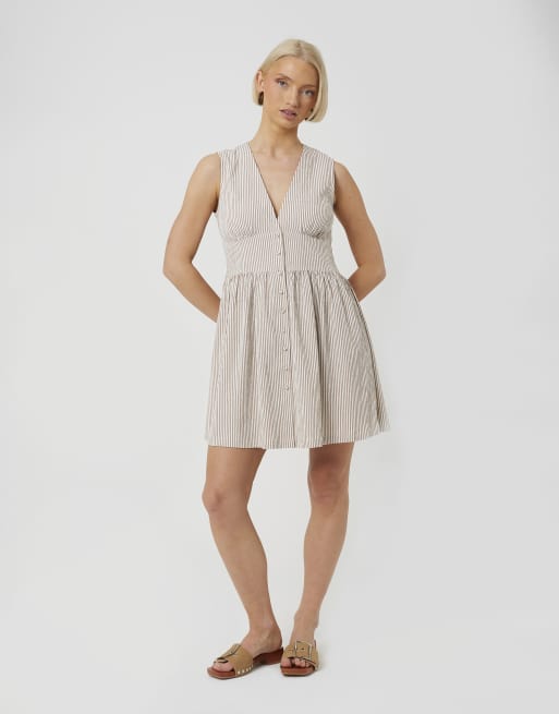 Brave Soul – Ärmelloses Minikleid in Braun gestreift mit Knopfdetails, 3 von 3