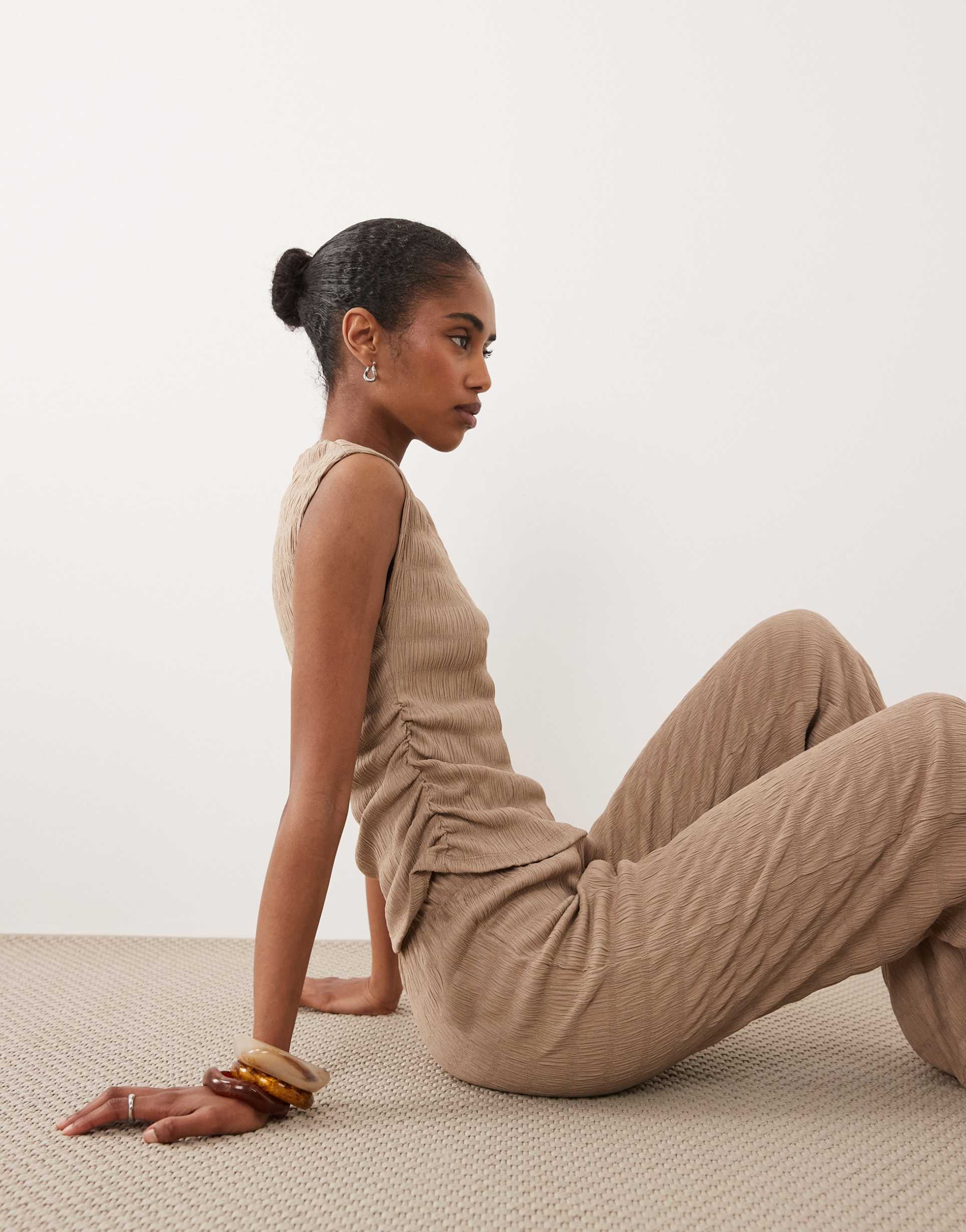 brave soul asymmetric textured top with gathered waist detail in mocha brown - part of a set