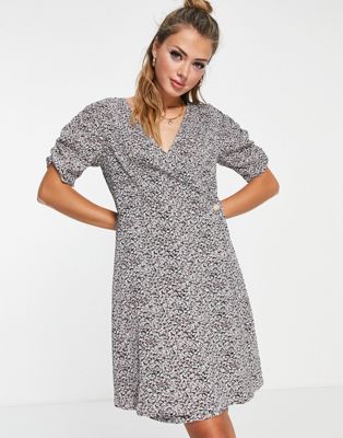 Brave Soul Aurora mini dress with puff sleeve in black and white print