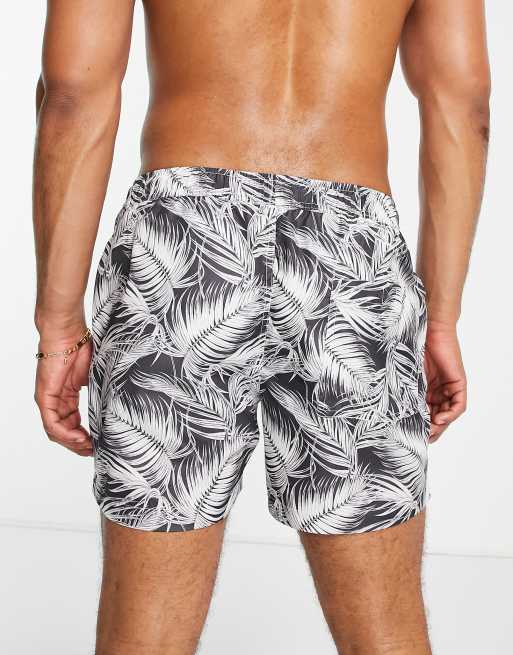Brave Soul – Badeshorts in Schwarz mit weißem Blattprint, 2 von 4