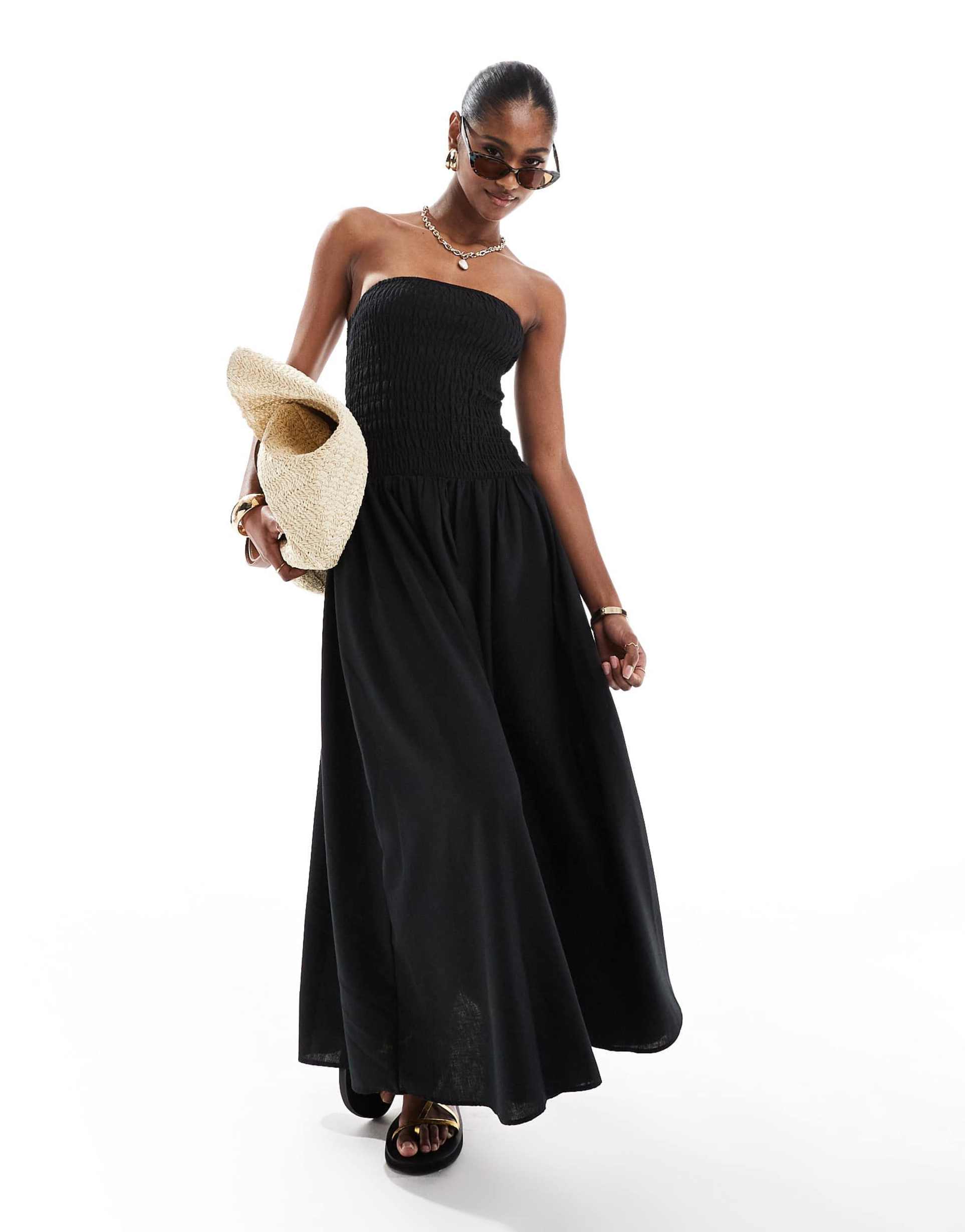 brave soul bandeau midi dress with shirred bust in black