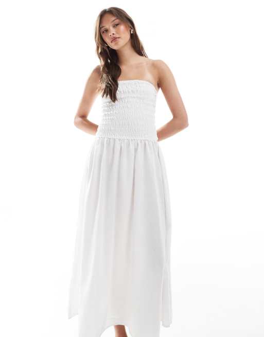 Brave Soul bandeau midi dress with shirred bust in white, 4 of 4