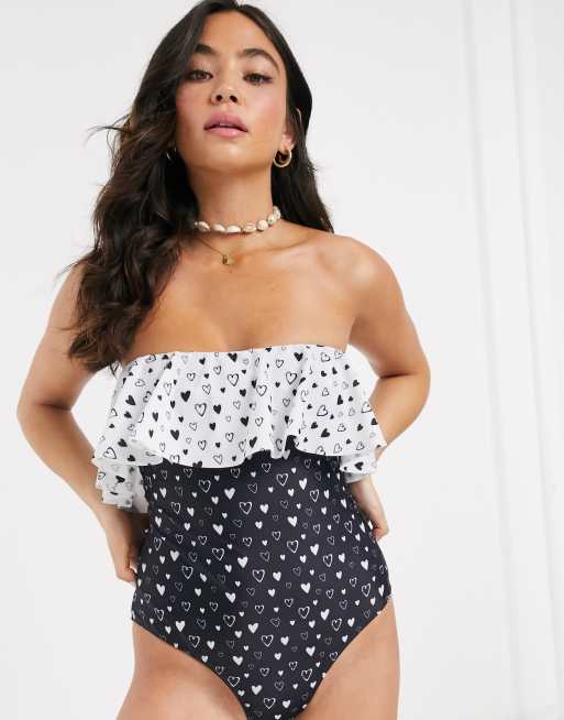 Brave Soul bardot frill swimsuit in mono heart print