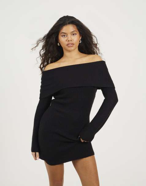 Brave Soul Bardot ribbed knit mini dress in black