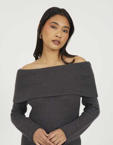 Brave Soul Bardot ribbed knit mini dress in charcoal