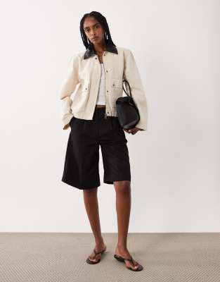 Brave Soul Barn Jacket With Contrast Pu Collar In Neutral