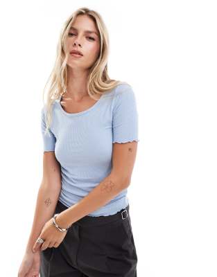 Brave Soul - Basic-T-Shirt in Blau mit Dreiviertelärmeln und geriffeltem Saum