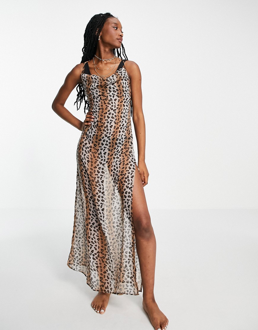 Brave Soul beach dress with low back in leopard print-Brown