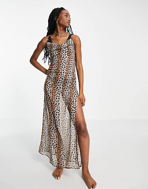 Brave Soul beach dress with low back in leopard print