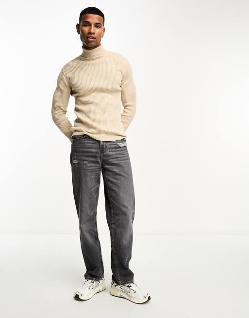 Brave Soul – Beige, ribbad tröjor med polokrage i bomull