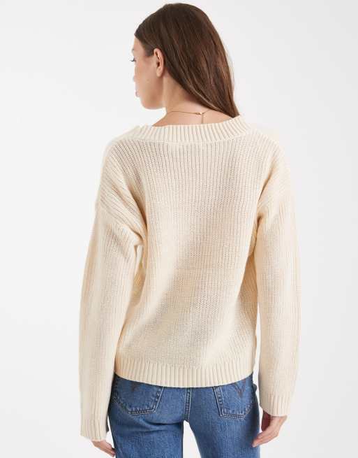 Brave Soul – Beige, stickad fiskartröja med djup v-ringning, 4 av 4