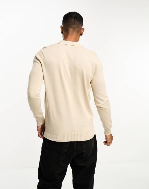 Brave Soul – Beige, stickad pikétröja med långa ärmar av bomull, 2 av 4