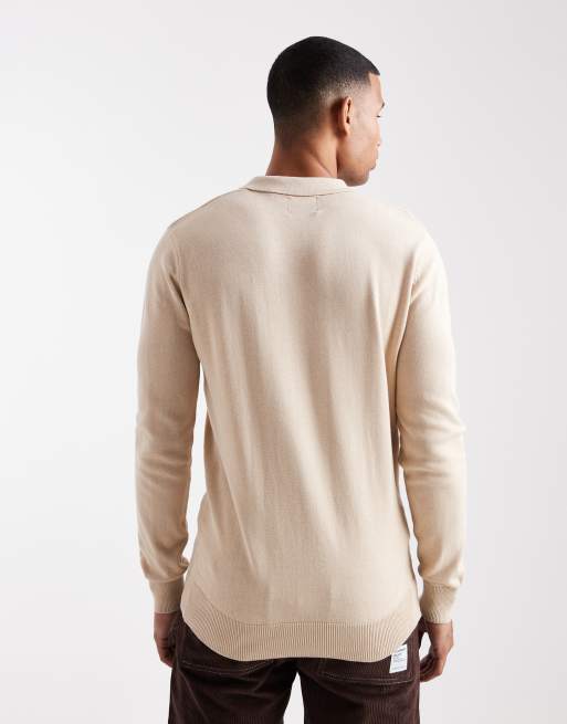 Brave Soul – Beige, stickad pikétröja med långa ärmar, 3 av 5