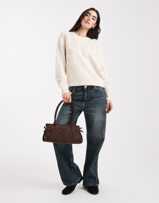 Brave Soul – Beige tröja med rund halsringning och broderade blomdetaljer, 2 av 4