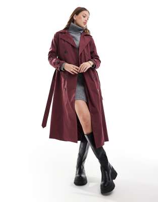 Brave Soul belted coated mac in burgundy