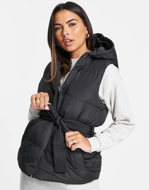 Brave Soul belted puffer vest with belt in black