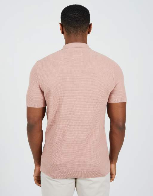 Brave Soul – Besticktes Polohemd aus Baumwollstrick in Rosa mit Waffelstruktur, 2 von 4