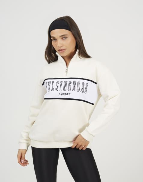 Brave Soul – Besticktes Sweatshirt in Cremeweiß mit Stehkragen und kurzem Reißverschluss - view 1