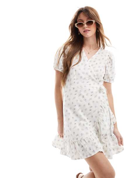 Brave Soul ditsy print mini wrap dress in white