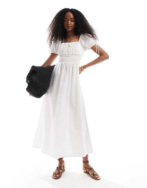 Brave Soul square neck milkmaid midi dress with puff sleeve in white