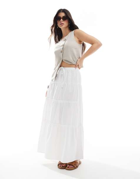 Brave Soul tiered midi skirt in white