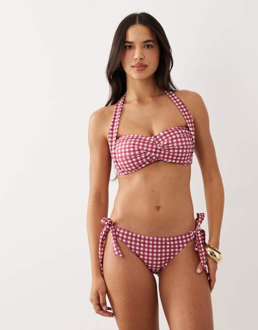 Brave Soul - Bikinitrusser med sløjfe-bindebånd i siden og rødt/hvidt gingham-tern, 2 af 4