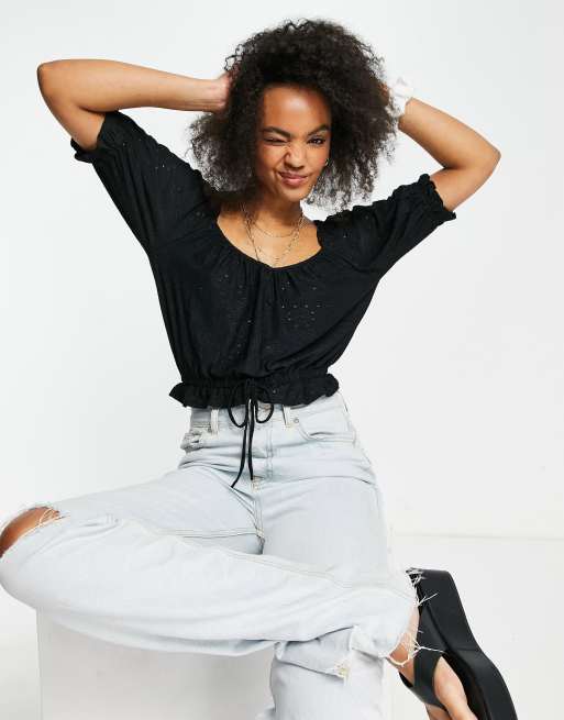Brave Soul Bilo broderie top with elasticated waist in black