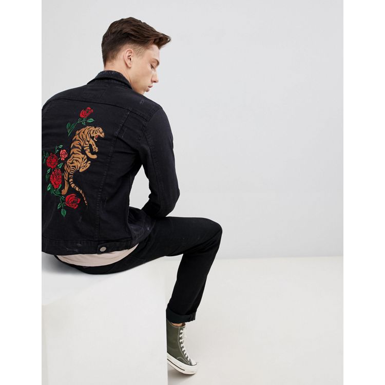 ASOS Bomber Jacket with Tiger Embroidery in Black