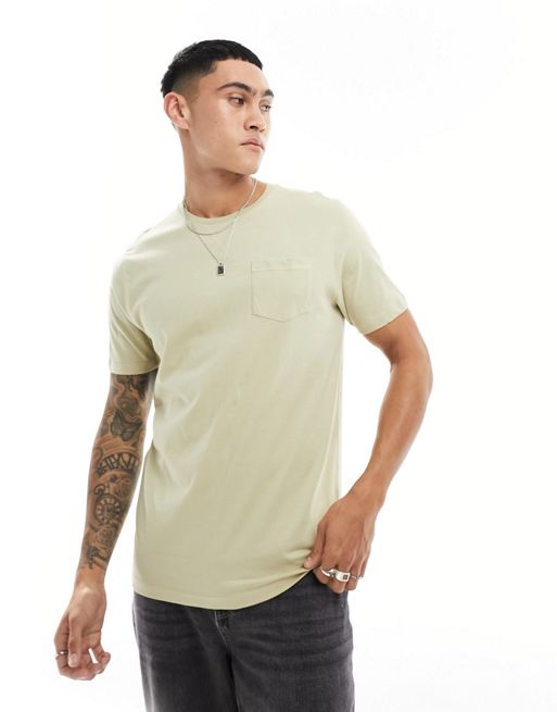 Brave Soul – Blekt olivgrön t-shirt med rund halsringning och ficka