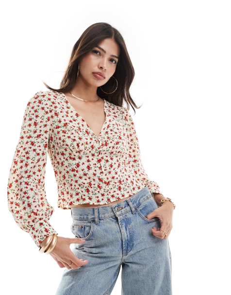 Brave Soul - Blusa a maniche lunghe color crema e rossa a fiori con scollo a V - view 1