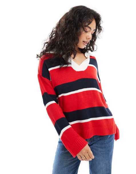 Brave Soul oversized knitted rugby top with contrast collar in red and navy stripe