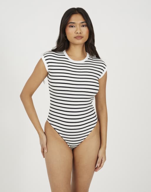 Brave Soul body a righe a maniche corte color crema, 1 di 3