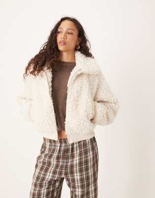 Brave Soul - Bomberjacke aus Lammfellimitat in Creme-Weiß