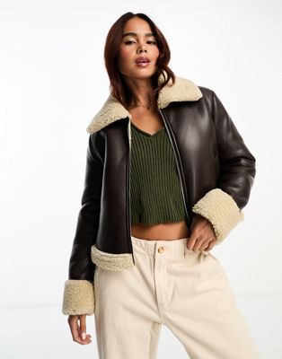 Brave Soul bonded aviator jacket with faux shearling in brown | ASOS