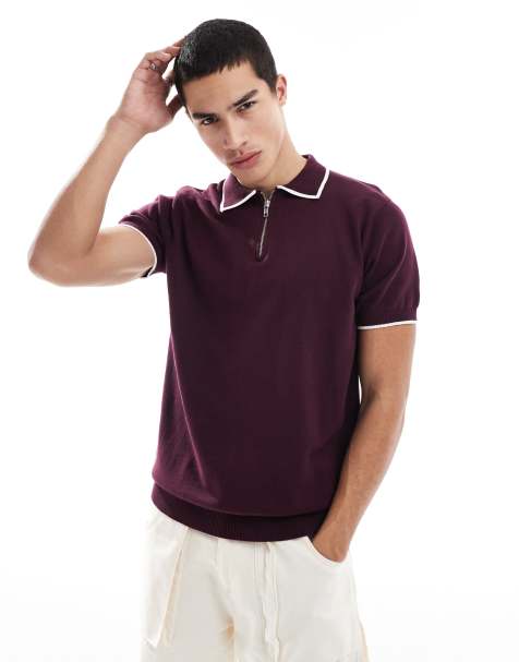 Brave Soul knitted polo shirt with contrast tipping in burgundy