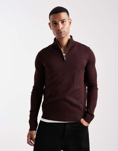 Brave Soul knit quarter zip jumper in burgundy
