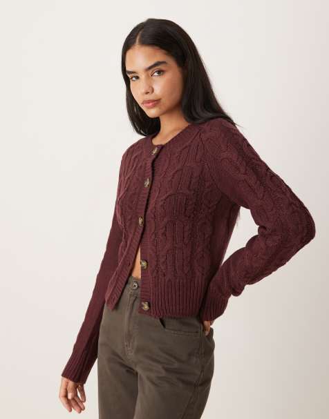 Brave Soul cable knit cardigan with contrast buttons in burgundy