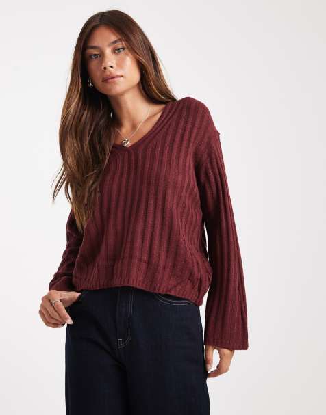 Brave Soul ribbed v-neck jumper in burgundy