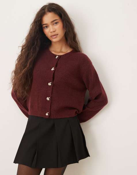 Brave Soul crew neck cardigan with contrast buttons in burgundy