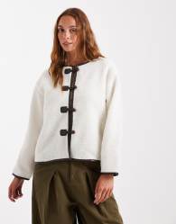 Brave Soul borg collarless jacket with toggle fastenings in cream