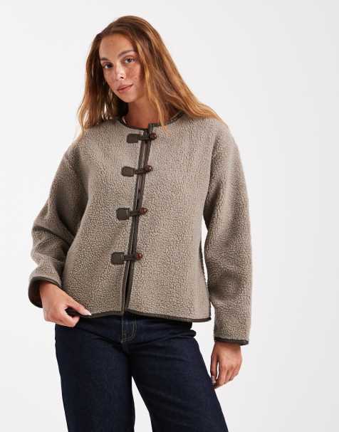 Brave Soul borg collarless jacket with toggle fastenings in taupe - view 1