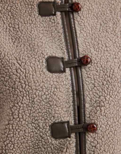 Brave Soul borg collarless jacket with toggle fastenings in taupe, 2 of 4