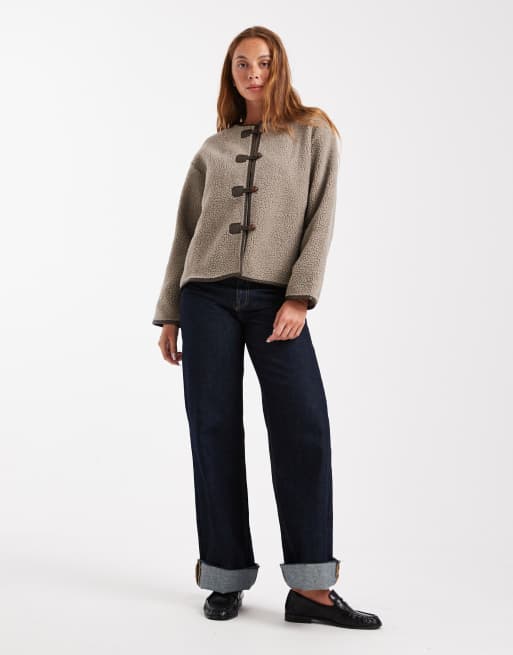 Brave Soul borg collarless jacket with toggle fastenings in taupe, 3 of 4