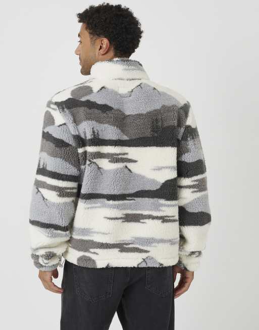 Brave Soul Borg-Fleece mit Landschafts-Print und halbem Reißverschluss in Grau, 2 von 4