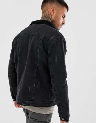 borg lined denim jacket in black