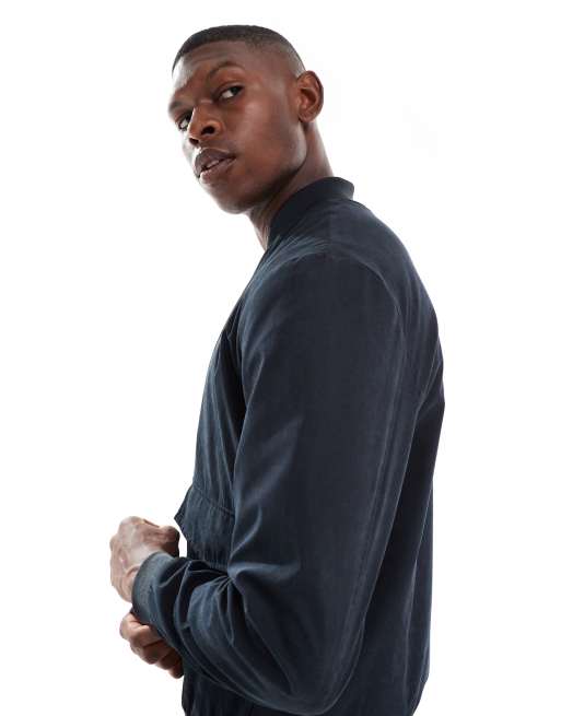 Brave Soul borg lined short bomber jacket in navy, 4 of 5