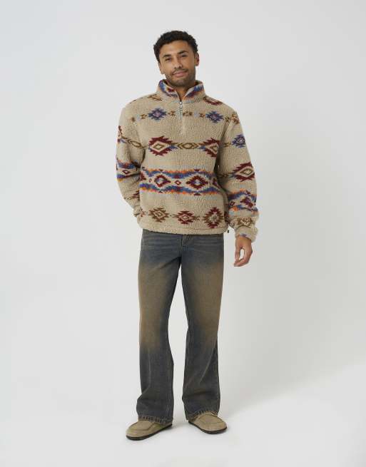 Brave Soul borgfleece met patroon en halve rits in crème, 3 van 4