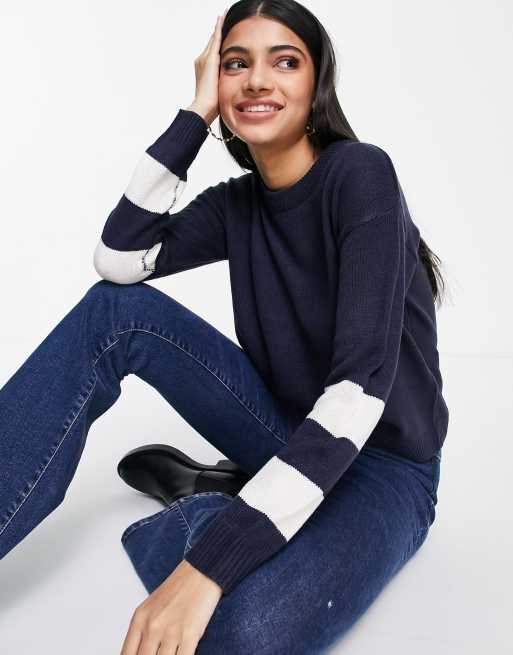 Brave Soul – Boston – Pullover in Marineblau mit Streifen an den Ärmeln